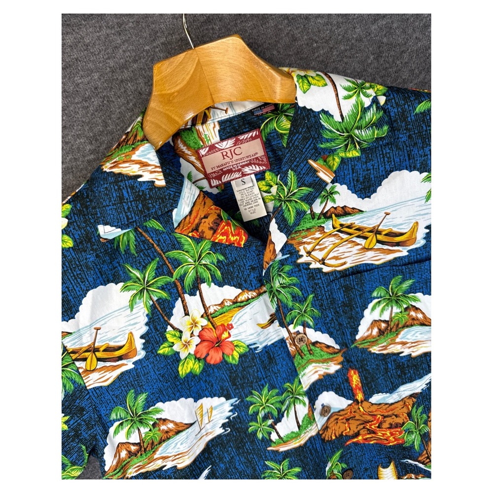 RJC Makapu'u‎ Sportswear Aloha Blue Hawaiian Shirt Volcano Palm Cotton Men S USA